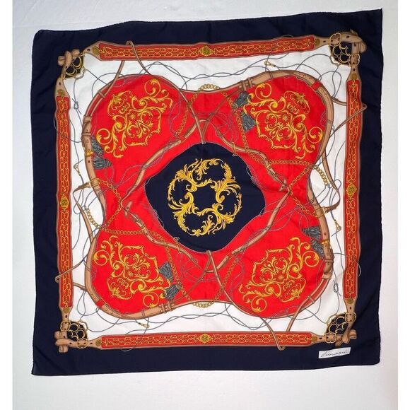 Foulard Leonardi Vintage Scarf Made in Italy Equestrian Chains Belts 30x30" - Picture 1 of 5